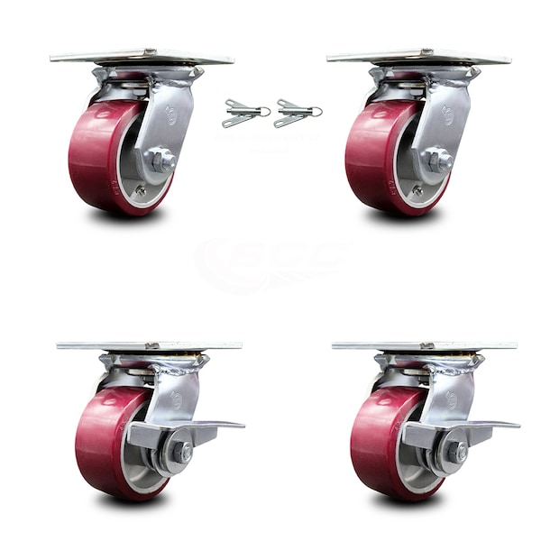 4 Inch Poly on Aluminum Swivel Caster Swivel Locks 2 Brakes, 2PK
